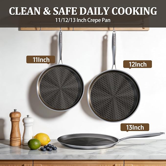Stainless Steel Crepe Pan, 11 Inch Nonstick Griddle Pan, 5 Layer Non Stick Coating Pancake Pan, Frying Pan,Omelet Pan with All Stove Tops Available