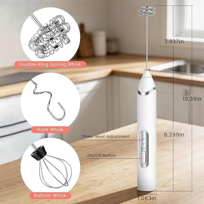 Handheld Milk Frother with Travel Case - Portable USB Rechargeable Mini Whisk for Coffee, Latte. Includes 3 whisks, storage, perfect for frothing milk, beating eggs, and blending drinks.