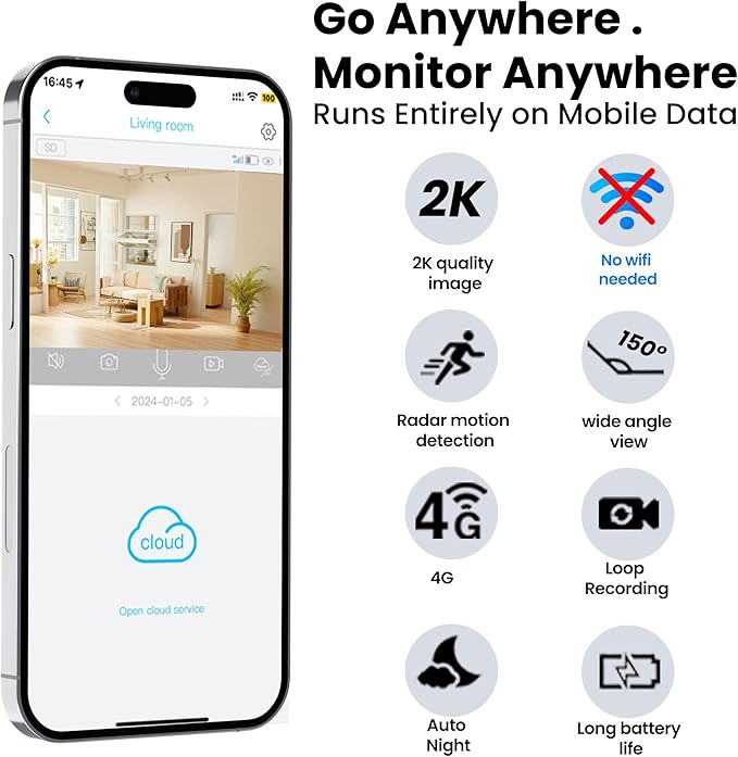 Funstorm 2K No WiFi Cellular Security Camera with SIM Card, Wireless Outdoor Camera, Live View, Motion Detection Alerts, Night Vision, Mini Camera for Car, Truck, RV, Jobsite & Vacant House