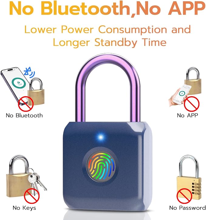 Pothunder Fingerprint Padlock, Smart Padlock, Locker Lock, Biometric Metal Keyless Fingerprint Lock, USB Rechargeable, for Gym Locker, Luggage, Backpack(Blue)