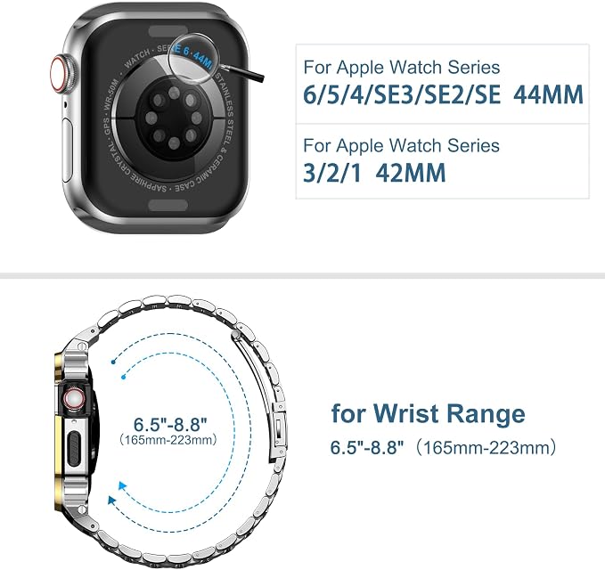 MioHHR Stainless Steel Watch Band with Case Compatible with Apple Watch Series 6 5 4 SE3/2/1(44mm) Series 3/2/1(42mm),Rugged Strap with Metal Protective Bumper Cover for iWatch Band Men(Silver/Gold)
