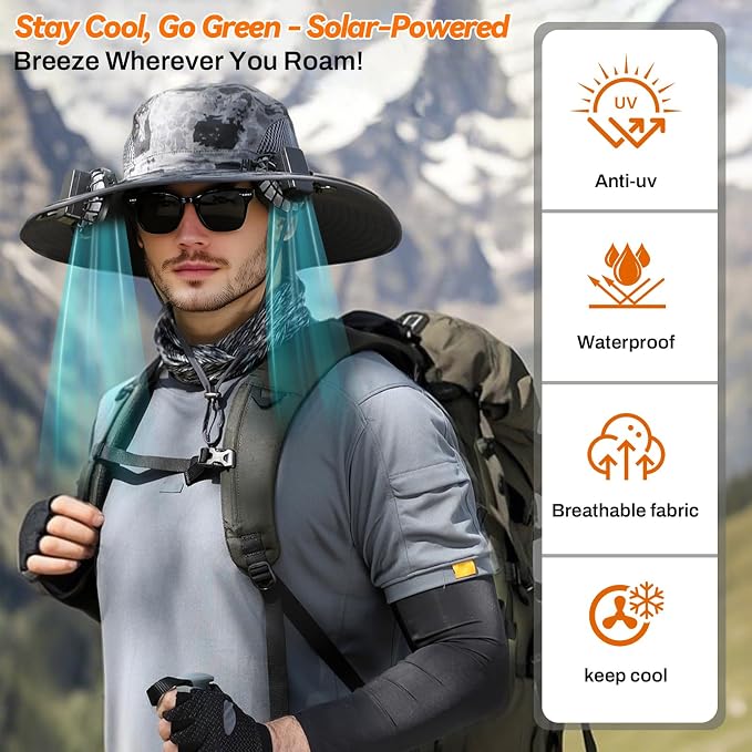 Solar Fan Hat, Wide Brim Sun Hat with 2 Built-in Solar Fans, UPF 50+ Sun Protection Outdoor Fishing Hiking Camping Beach