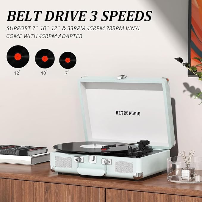 Vinyl Record Player Bluetooth Vintage Portable Suitcase Turntable with Built-in Speakers LP Player Support RCA Output and Headphone Output Light Cyan