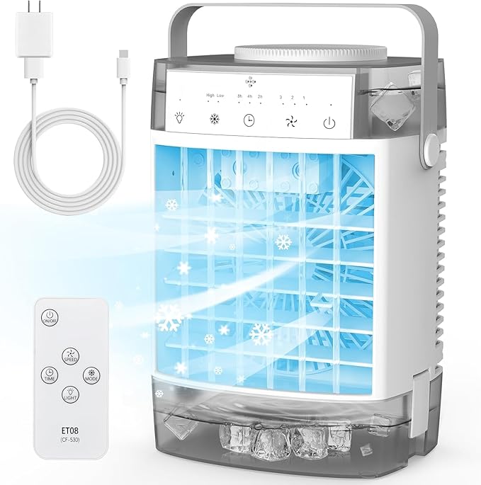Portable Air Conditioner, Personal Evaporative Air Cooler with Dual Tank, 2 Mist Modes, 3 Wind Speed, USB Powered Desk Cooling Fan with 7-Color Mood Lighting for Office/Bedroom