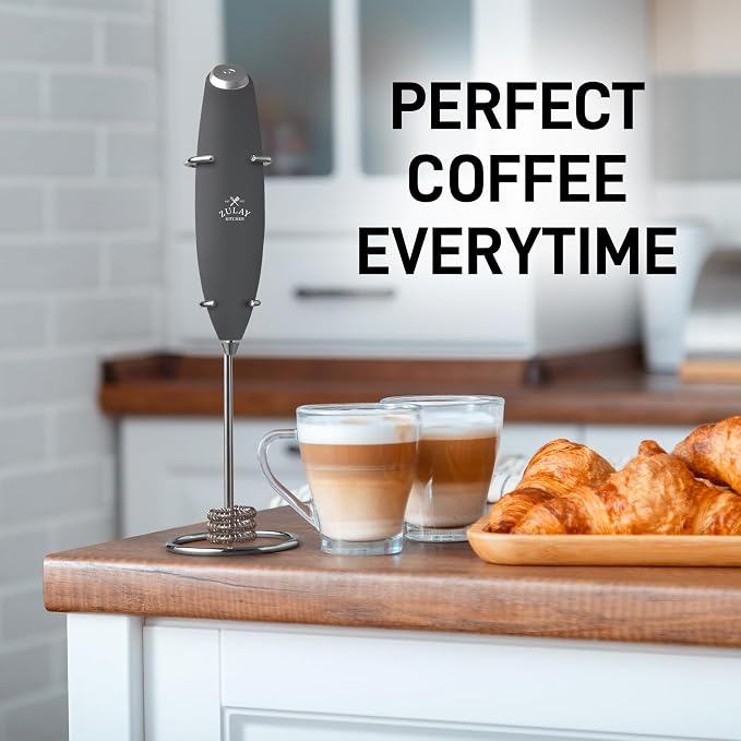 Zulay Kitchen Powerful Milk Frother Wand With Duracell Batteries - Ultra Fast Handheld Drink Mixer - Electric Whisk Foam Maker for Coffee, Lattes, Cappuccino & Matcha - Triple Whisk - Onyx Slate