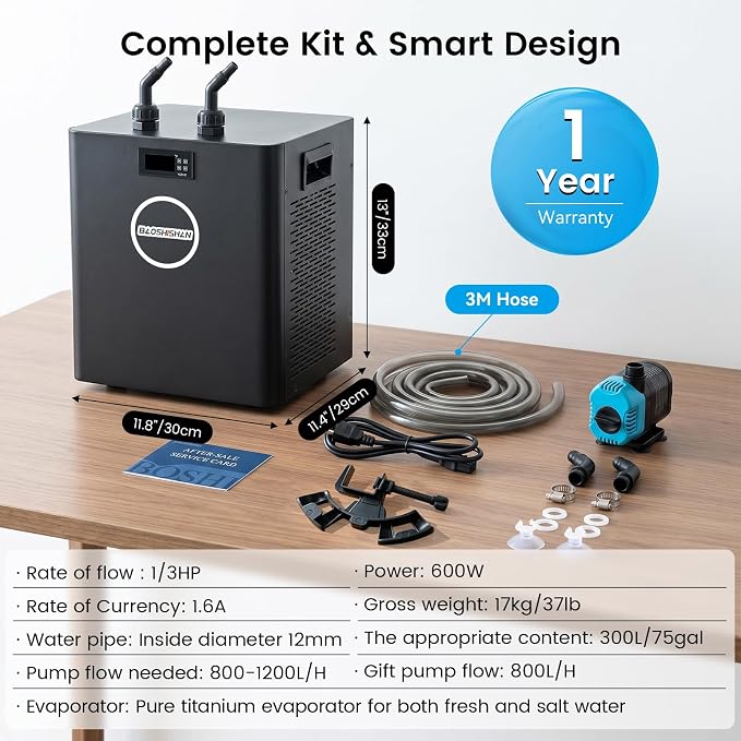 BAOSHISHAN 1/3 HP Aquarium Chiller 79 Gallons 300L Water Cooling System Set | Quiet Compressor Refrigeration for Indoor Hydroponics, Axolotls and Coral Reef Tanks, Precise Water Climate Control Solutions