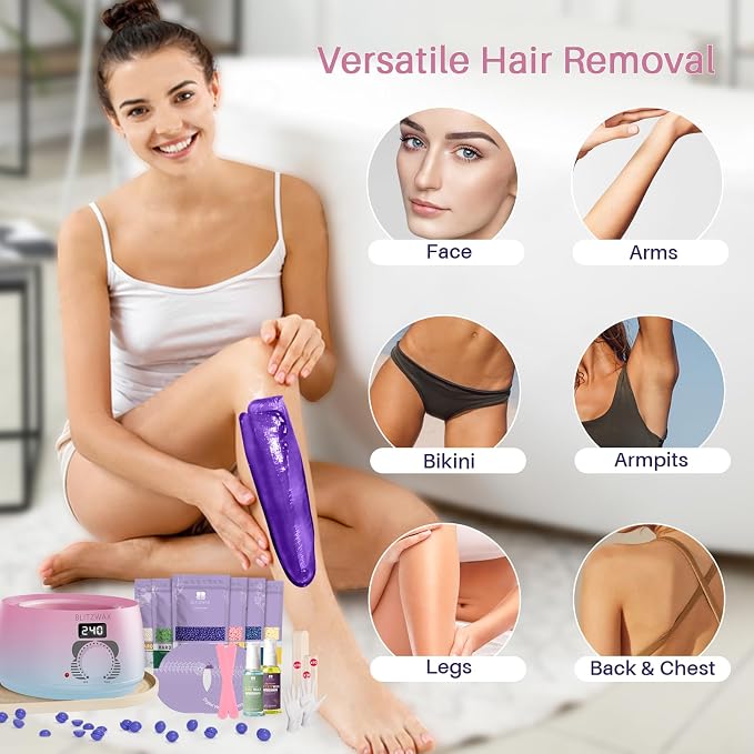 BLITZWAX Brazilian and Bikini Waxing Kit for Women, Hard Wax Warmer for Face, Legs and Body, At Home Hair Removal Kit, Beginner Friendly, Quick Heating, Pink and Blue Gradient Color