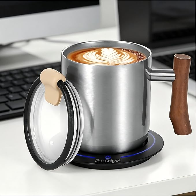 Gifts for Women Men, Heated Coffee Mug Up to 149°F, Ideal Gifts for Christmas, Birthday, Mother's Day, Father's Day or Any Occasion (14oz Silver)