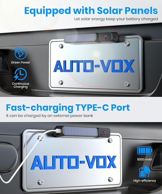 AUTO-VOX Solar Wireless Backup Camera:5" 1080P HD Monitor3-Minute Easy to Install & 5000mAh Battery Powered Back Up Camera System,IP69K Waterproof Wide Angle Reverse Camera for Car Truck Trailer Van