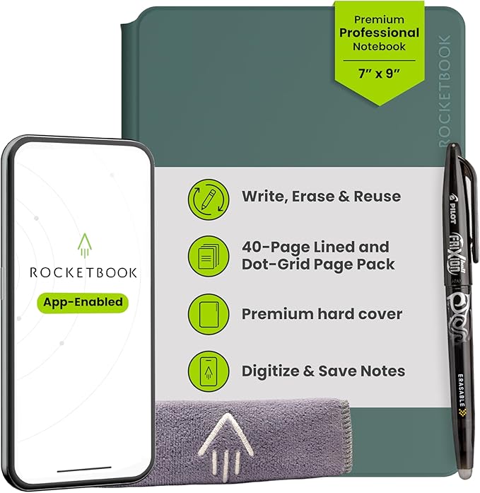 Rocketbook Pro Smart Reusable Notebook, Lined & Dotted Interchangeable Pages, For Work and Business Meetings, Executive 7x9, Green