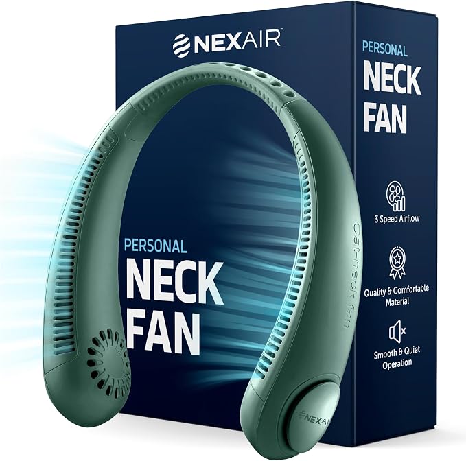 NEXAIR Portable Neck Fan Hands Free Cooling Lightweight Bladeless Neck Fan, 3 Speeds, 2400mAh Battery, 5H Runtime Green