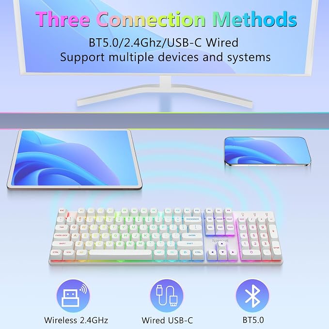 Redragon K710 Wireless Mechanical Gaming Keyboard, Bluetooth/2.4G/Wired Tri-Mode, RGB Backlit, Clicky Blue Switch, Rechargeable Battery, Solid Metal Panel, PBT Keycaps for PC/Mac, White