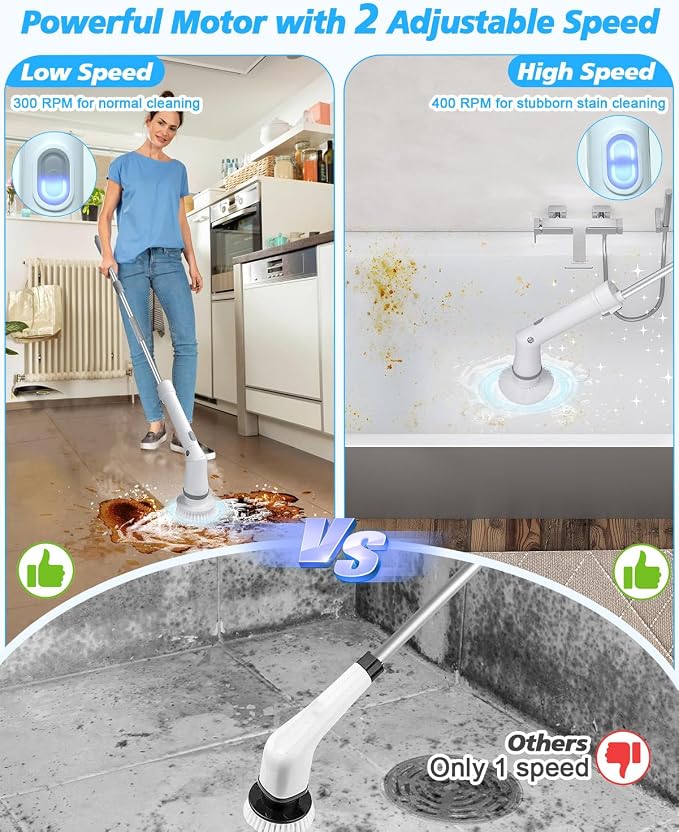 Electric Spin Scrubber Cordless,Power Scrubber Shower Cleaning Brush 400rpm,Bathroom Scrubber with 6 Replaceable Drill Brush Head, Adjustable Long Handle IPX6 for Clean Tile Tub Grout Toilet Car
