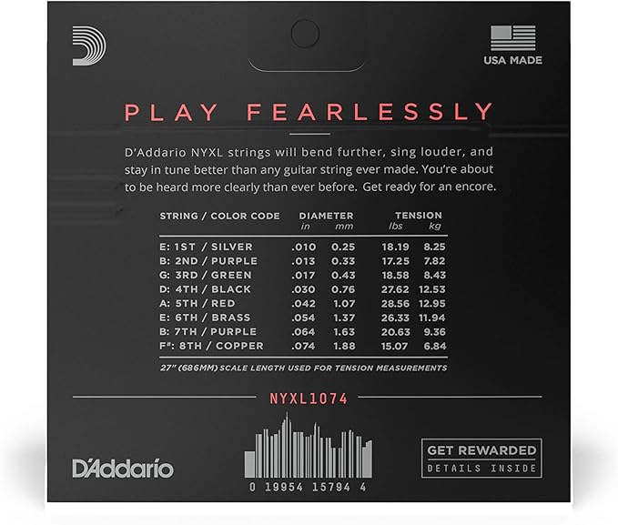 D'Addario Electric Guitar Strings, NYXL Nickel Plated, NYXL1074, Light Top/Heavy Bottom Gauge 10-74, 8-String Set, Pack of 1