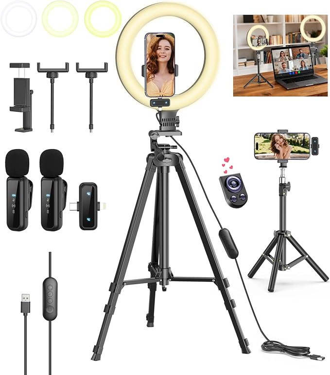 Vlogging Kit for iPhone/Android, 10'' Selfie Ring Light with Stand, 57'' Extendable Tripod, Desktop Tripod, Wireless Microphone - YouTube Starter Kit, Content Creator Essentials for TikTok,Live Stream