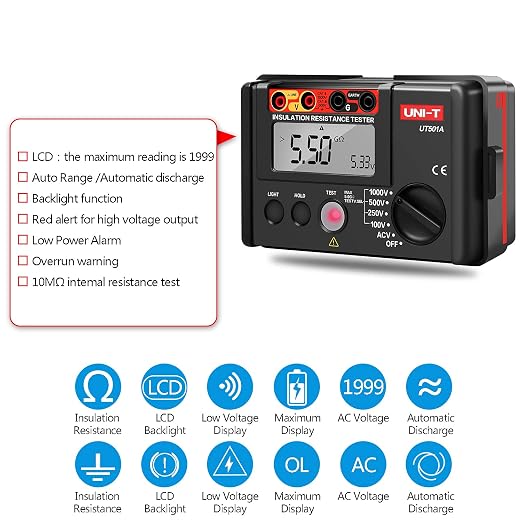 Megohmmeter, UNI-T Insulation Tester 1000v, Will Accurately Measure Insulation Values up to 1000 Megohms at 750 Volts, Electrical Tester 0-5G Ohm Meter, 2000 Counts LCD Display with Backlight UT501A