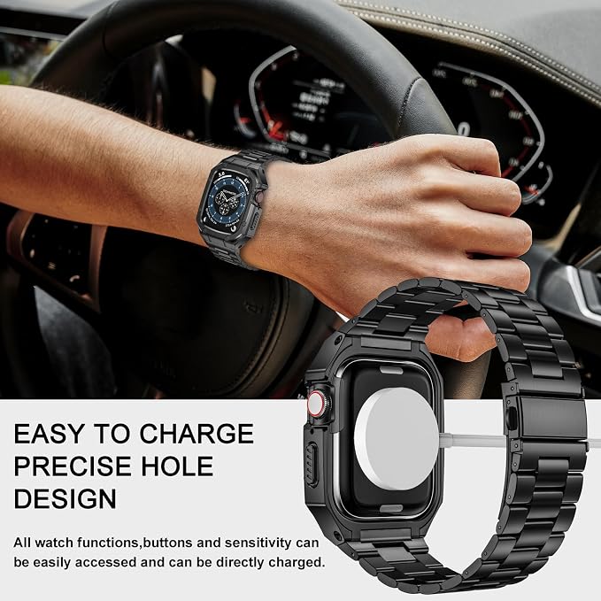 BAITEYOU Stainless Steel Watch Band with Case Compatible with Apple Watch Series 11 10 42mm, Rugged Strap with Metal Protective Bumper Cover for iWatch Bands Men (Black)
