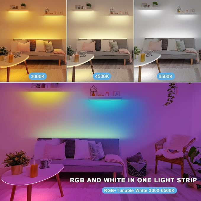 Tatazone RGBWW Bluetooth LED Strip Lights, 32.8ft Tunable White 3000K to 6500K+RGB Led Light Strips, Music Sync Color Changing Indoor LED Rope Lights with App and Remote for Kitchen, Bedroom, TV