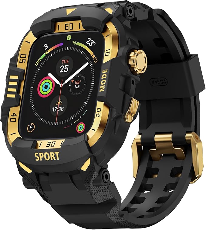DABAOZA Rugged Case with Band Compatible with Apple Watch 44mm, for iWatch Series 6/5/4 & SE 3/2/1,Military Grade Shockproof Bumper and Men's Tactical Heavy Duty Strap (Black/Gold,44MM)