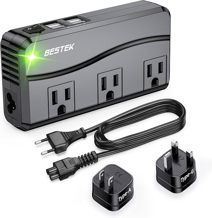 BESTEK Universal Travel Adapter 220V to 110V Voltage Converter with 6A 4-Port USB Charging and UK/AU/US/EU Worldwide Plug Adapter (Black)