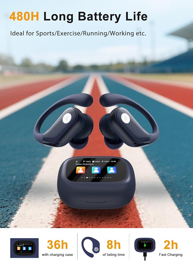jaddsa Wireless Earbuds, ANC Noise Cancelling Sport Ear Buds with Multifunctional Touch Screen, Bluetooth 5.4 Headphones, 5 EQ Over-Ear Earbuds for Sports/Workout/Gym-Dark Blue