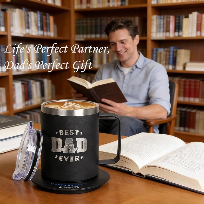 Birthday Gifts for Dad, 12oz Funny Heated Coffee Mug for Dad with BEST DAD EVER, Electric Coffee Cup with Warmer Set, Ideal Valentines Father Day Gifts from Wife Daughter Son (Black -12oz)