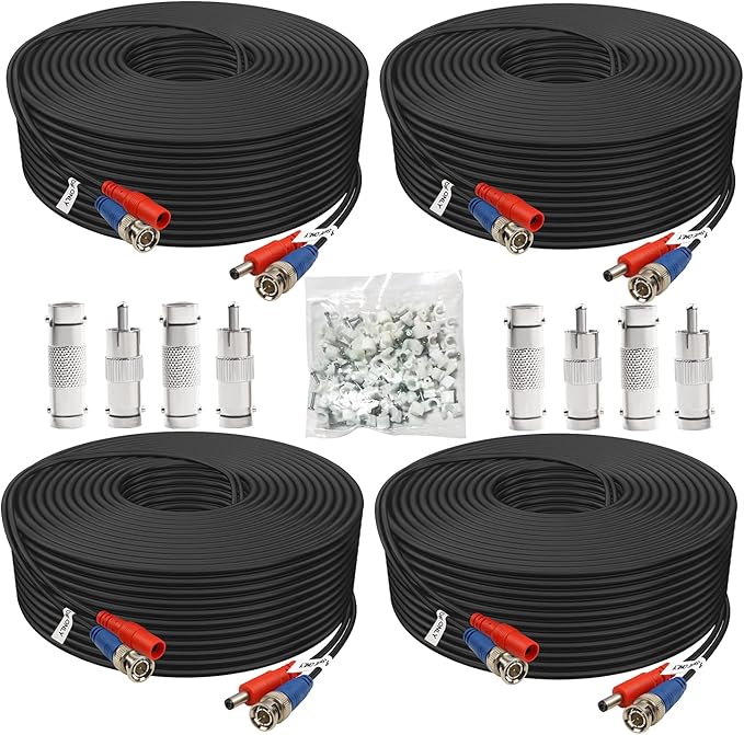BNC Cable 150ft 4 Pack Aimyzii BNC Video Power Cable,Security Camera Cable for CCTV Camera DVR Security Systems(Included 8X BNC Adapters,100 Pcs Cable Clips)-Black