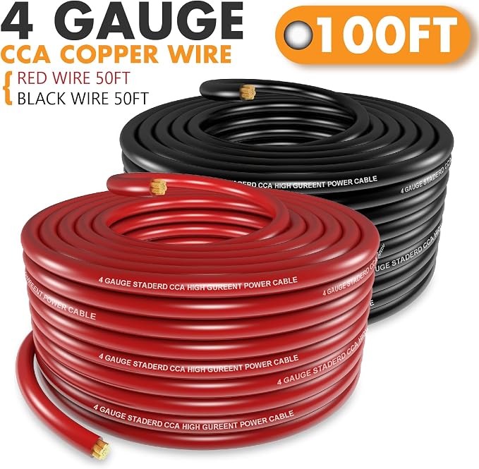 Jeemiter 4 AWG Amplifier Wiring Kit with Free Cable Cutter - 50ft Red & 50ft Black (100ft Total) | Big Power & Ground Cable for Stereo, Big 3 Upgrade, Solar