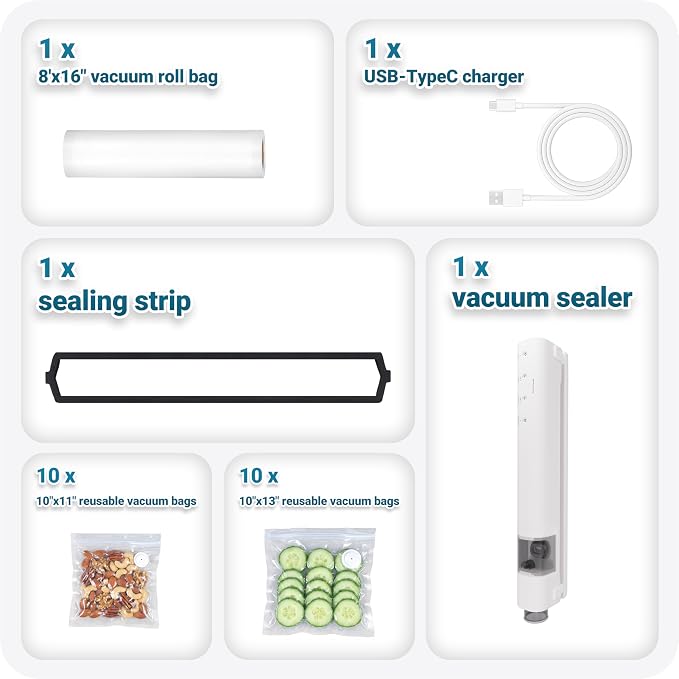 2-in-1 Handheld & Countertop Compact Vacuum Sealer for Food, 60kPa Powerful Handheld Vacuum Sealer with 20 Reusable Bags & 1 Vacuum Roll Bags, Magnetic Back — Sticks to Your Fridge