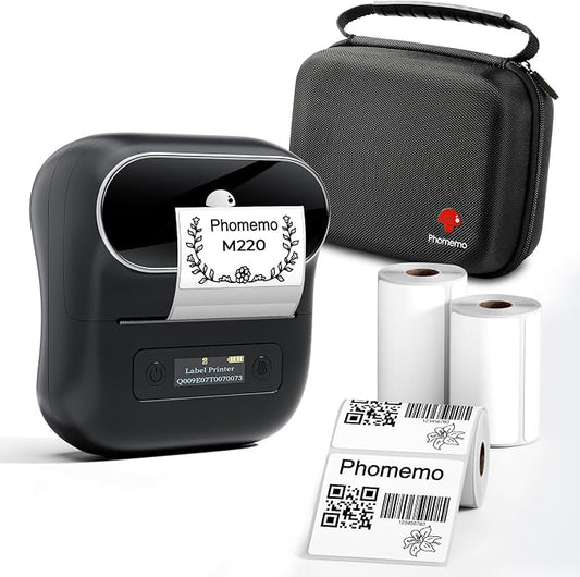 Phomemo Label Maker, M220 Thermal Label Printer, 80mm Portable Bluetooth Barcode Printer Compatible with Andriod/iOS for Home, Office, Small Business, with 3 Packs Label & Case