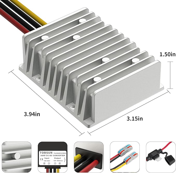 BZONE 24V 36V 48V to 12V 30A 360W Converter Step Down Voltage Reducer with Fuse & Connectors DC to DC Buck Converter 12V Golf Cart Voltage Regulator Waterproof Transformer for Golf Cart