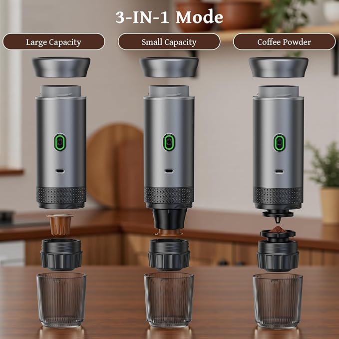 Portable coffee Maker, Electric Espresso Machine for Travel, 7500mAh Battery Capacity USB-C Rechargeable, Compatible with Ground Coffee & NS Capsules