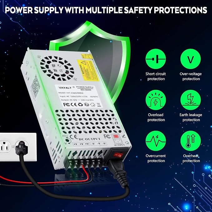 VAYALT DC 60V 10A 600W Switching Power Supply, 110V/220V AC to DC Converter, Universal Regulated Switching, 60V Power Supply for CCTV Camera System, 3D Printer, LED Strip, Computer Project