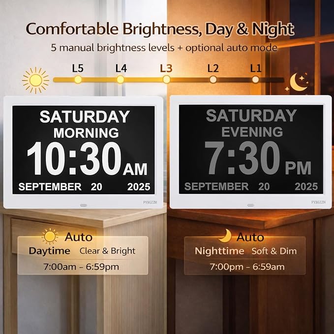 11.5'' Dementia Clocks for Seniors Extra Large, Senior Clocks with Day Date and Time, 20 Alarm Reminders, Easy-to-Read, Simple Setup, Plug-in, DST, White