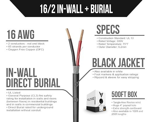 Voltive 16/2 Speaker Wire, in-Wall CL3 & Direct Burial, Black, 500ft - 16AWG, 2 Conductors, Stranded Oxygen-Free Copper, UL Listed - V-1210-5