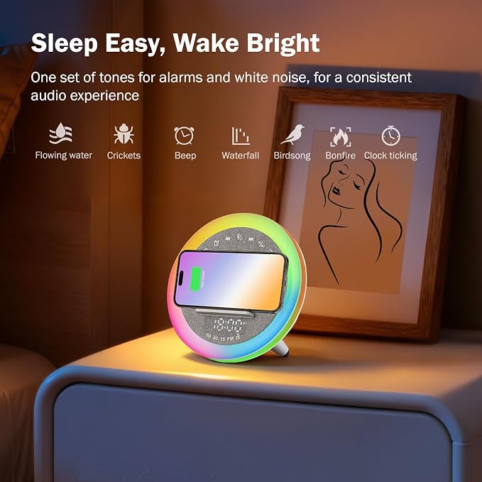 Alarm Clocks with 15W Wireless Charger, Bluetooth Desk Digital Speaker, Modern RGB Night Light Lamp with White Noise Sound for Teen Kids Girl Birthday