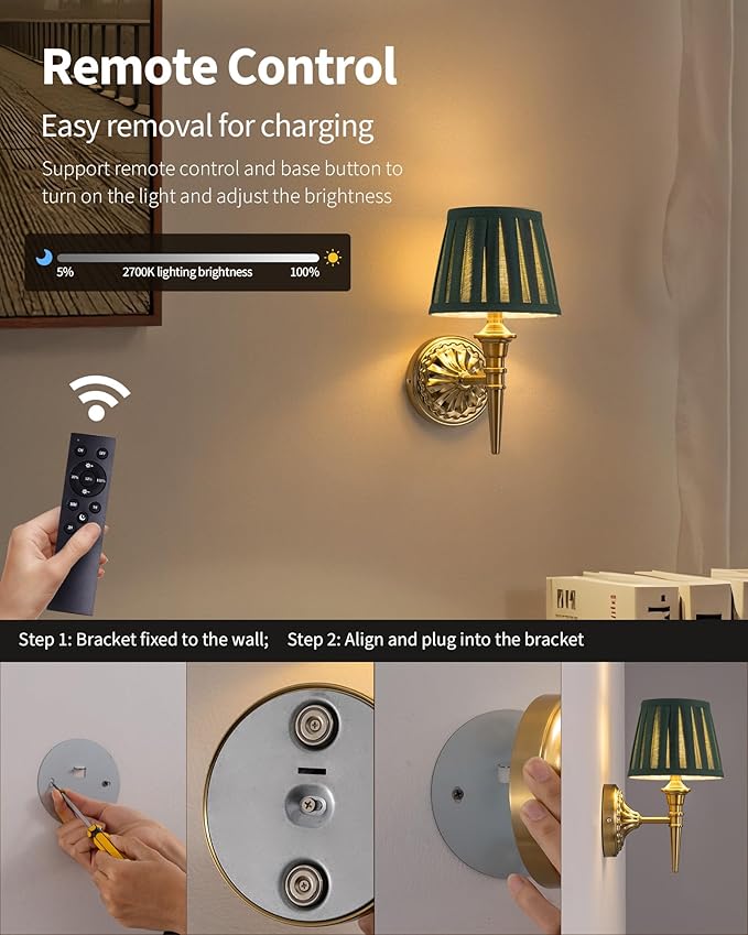 KDG Cordless Wall Sconces Set of 2, Small Wireless 5200mAh Rechargeable Battery Fabric LED Wall Lamps, Portables Lightings for Wall Painting, Living Room, Bedroom, Hallway, Gifts, Night Light (Green)