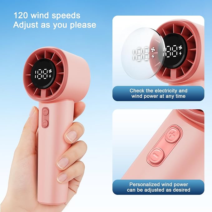 Portable Handheld Turbo Fan, Strong Wind Cute Mini Personal Fan, 120 Levels Infinite Speed, 4000mAh Rechargeable Hand Held Fan for Beach Travel Cruise Camping Office Lash Makeup for Women Girls, Pink