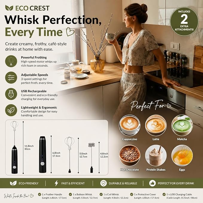ECO CREST-Premium Whisk Milk Frother – Handheld Electric Coffee Frother with Adjustable Speed | ABS + Stainless Steel Build, 1200mAh Rechargeable Battery
