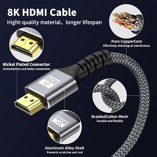 8k Hdmi Cable 10ft Ultra High Speed HDMI 2.1 Cable 8K@60HZ 4K@120HZ 48Gbps HDMI Cord for HDTV,PS4,PS5,Monitor Laptop,Xbox,HDCP 2.2&2.3 Support HDR,eARC,Dolby.(Silvery)