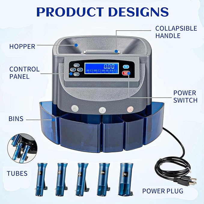 Coin Counter Machine, Coin Sorter Machine with LCD Display, 500 Coins Capacity Automatic Coin Sorter and Wrapper Machine, Sorts up to 270 Coins/min, Change Counter for USD Coin 1￠ 5￠ 10￠ 25￠ $1