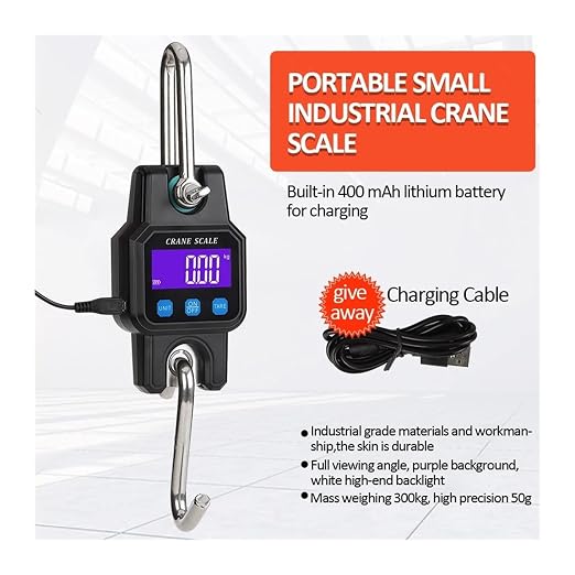 Hanging Scale, 300kg Digital Hanging Scale Rechargeable Portable Heavy Duty Crane Stainless Steel Hook Weight Balance Luggage for Gym,Hunting,Travelling(Black)