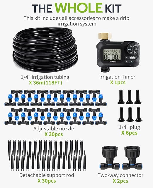 HIRALIY 118FT Drip Irrigation Kit with Water Timer, Quick-Connect Garden Watering System with 30 Adjustable Misting Nozzles, 1/4 in Tubing for Greenhouse, Raised Beds & Hanging Plants