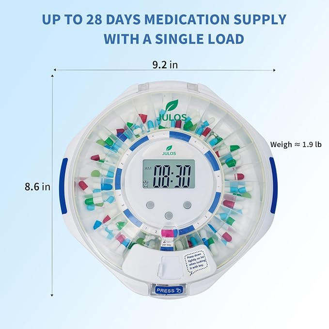 JULOS 28-Day Automatic Pill Dispenser with Alarm for Chronic & Alzheimer’s Care, Locked Medication Organizer w/Easy-Read LCD Display, Sound & Light & Alerts for Medication, Vitamins & More, Clear Lid