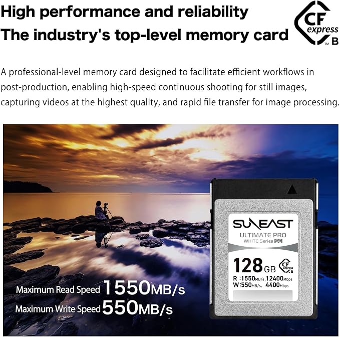 SUNEAST Ultimate PRO White CFexpress Type B, 128GB Memory Card, Up to 1550MB/s Read, 550MB/s Write, TLC 8K Video Card for Professional Cameras, High-Speed CFexpress B, XQD-Compatible, Series SE