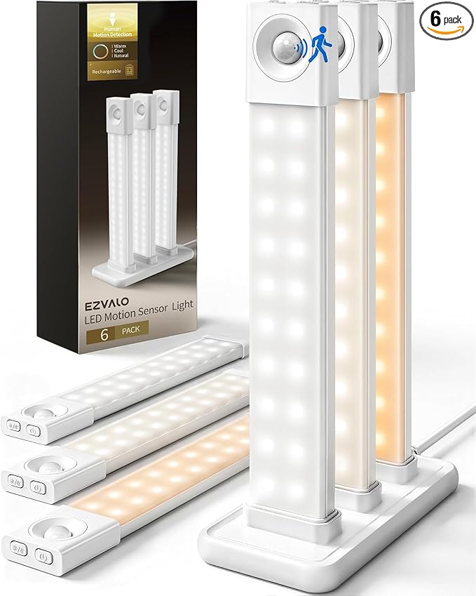 EZVALO 6 Pack 8 inch Under Cabinet Lighting with Charging Station, Rechargeable Motion Sensor Lights, Wireless Magnetic LED Closet Lights, 3 Color Temperatures, Dimmable for Kitchen, Pantry, Stair