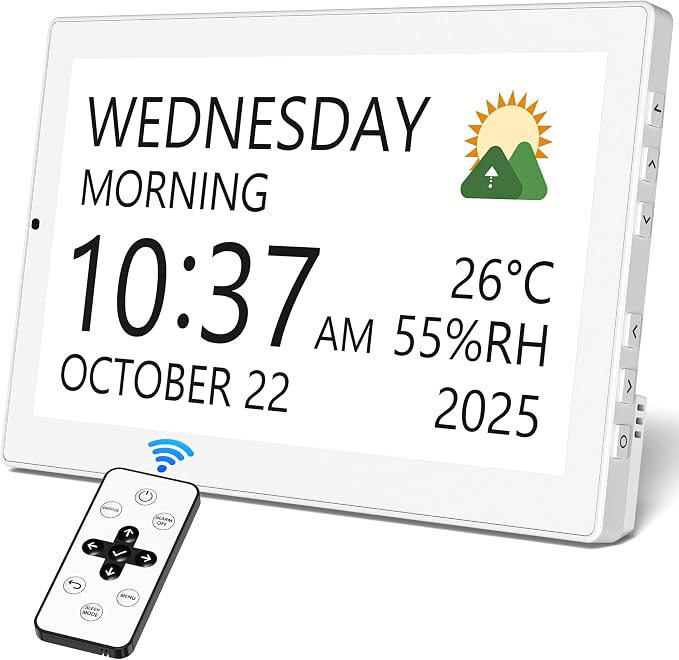 Mesqool 10.1" Large Digital Clock for Seniors with Date & Day, Easy-to-Read Calendar, Daily Reminders, Auto Dimming Display, Remote Control, Indoor Temperature & Humidity, Wall Mountable