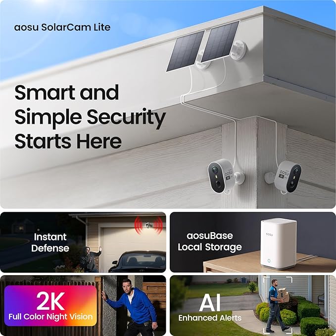 aosu Solar Security Cameras Wireless Outdoor Home System, True 2K HD, Cross-Camera Tracking, PIR + AI Human Detection, Color Night Vision, Local Storage, No Subscription Required, 2-Cam-Kit