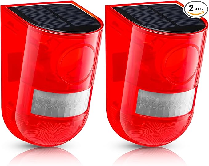 Qualirey Solar Sound and Light Alarm Motion Sensor 129db Outdoor Security Siren Waterproof Activated Detector Driveway Alarm 6 LEDs Flash Warning Deterrent Strobe System for Home, Farm(Red,2 Pack)