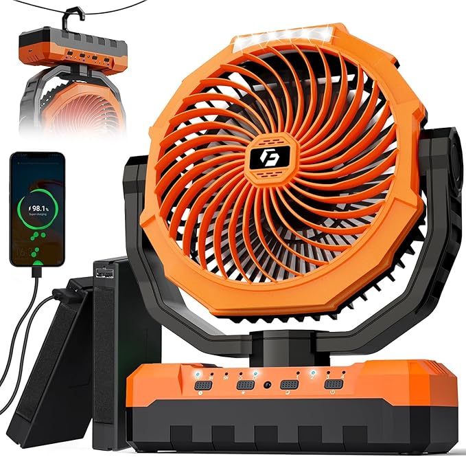 3-in-1 Camping Fan - 36000mAh Detachable Portable Fan Rechargeable with Light & Hook, Battery Powered Fans for Outdoor, Indoor, Tent, Fishing, Travel, Hurricane, Summer Gifts for Men - Orange